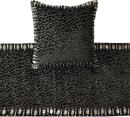 The HomeCentric King/Queen/Twin Black Decorative Full 68"x18" Bed Runner with 2 Pillow Cover, Mosaic & Crystal Bed Scarf on Velvet Fabric - Mosaic Noir