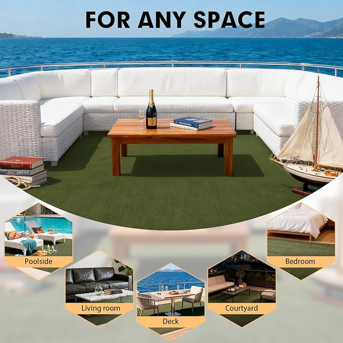Marine Carpet,5 FT x 25 FT Olive Green Indoor Outdoor Carpet 0.2" Thick with Water-Proof TPE Backing, Non-Slide for Home, Patio, Porch, Deck