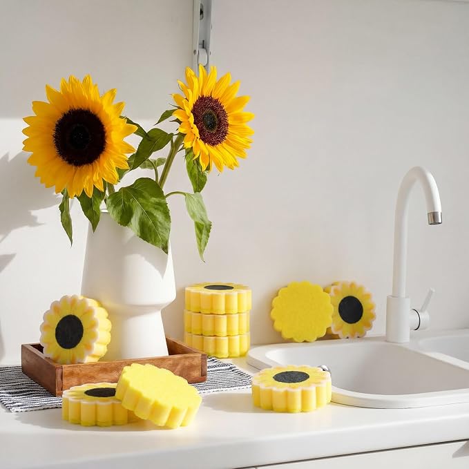 Tioncy 12 Pack Sunflower Kitchen Sponges Bulk Dual Sided Scrubber Yellow - Image 4