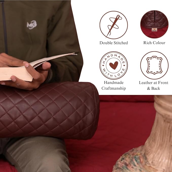 Neck Roll Pillow Cushion Cover, 24x6 Inch Full Moon Round Bolster Pillow Case, Cylinder Soft Lambskin Leather Pillowcase for Head, Spine & Neck Support During Sleep - Quilted Dark Brown Pack of 2