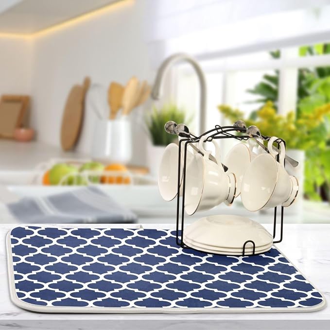 Navy Blue Trellis Lattice Dish Drying Mat - Image 5