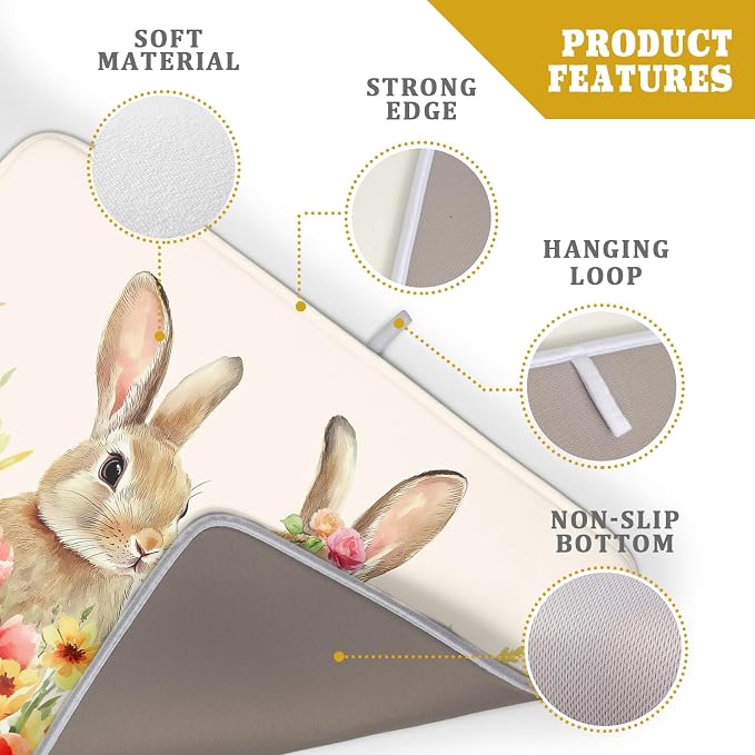 Easter Bunny Dish Drying Mat 18x24 inch Spring Floral Drying Pad Holiday - Image 4