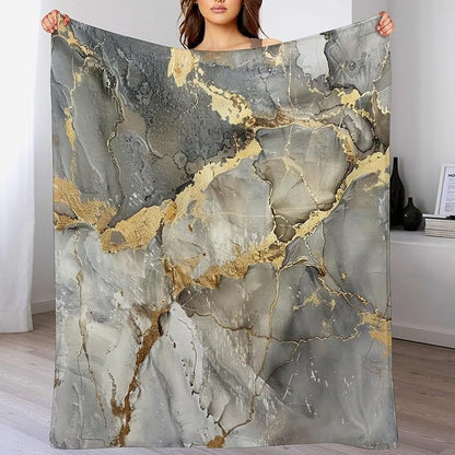Modern Marble Blanket, Abstract Luxury Baroque Gold Grey Gradient Stone Veins Pattern Soft Warm Cozy Plush Flannel Covers for Livingroom Bedroom Couch Chair Camping Travel Home Decor Tapestry 60x80in