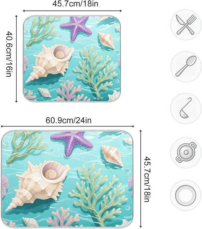 Coral Sea Shells Stars Pattern Dish Drying Mat - Image 3