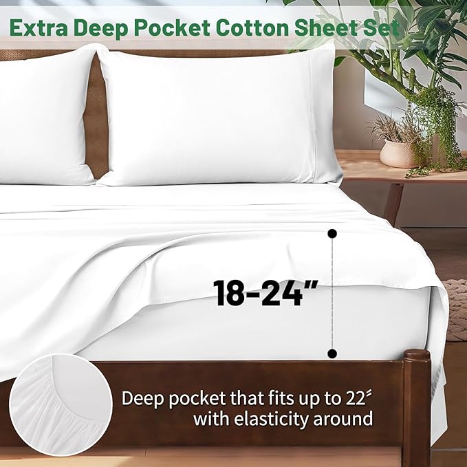 Extra Deep Pocket Queen Sheets 18-24 Inch 1000 Thread Count 100% Egyptian Cotton Sateen Weave Soft Breathable 4 Pieces（Queen,White）