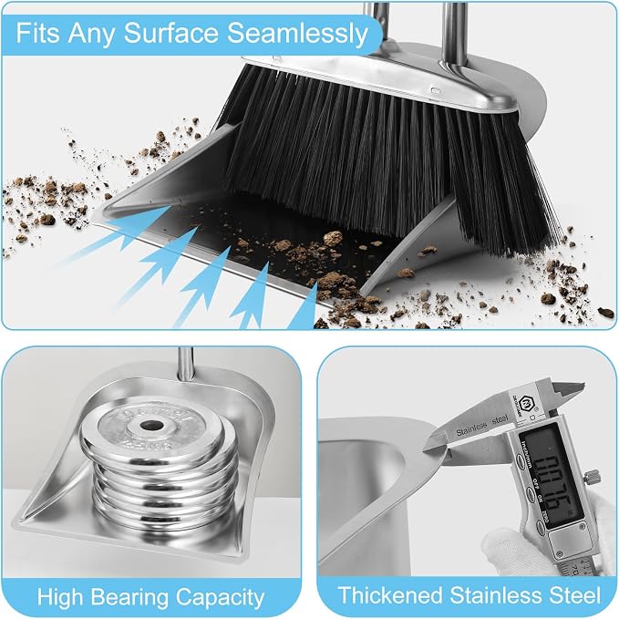 VOOWO Heavy Duty Broom and Dust pan Set, Stainless Steel Broom and Dustpan Set - Image 4