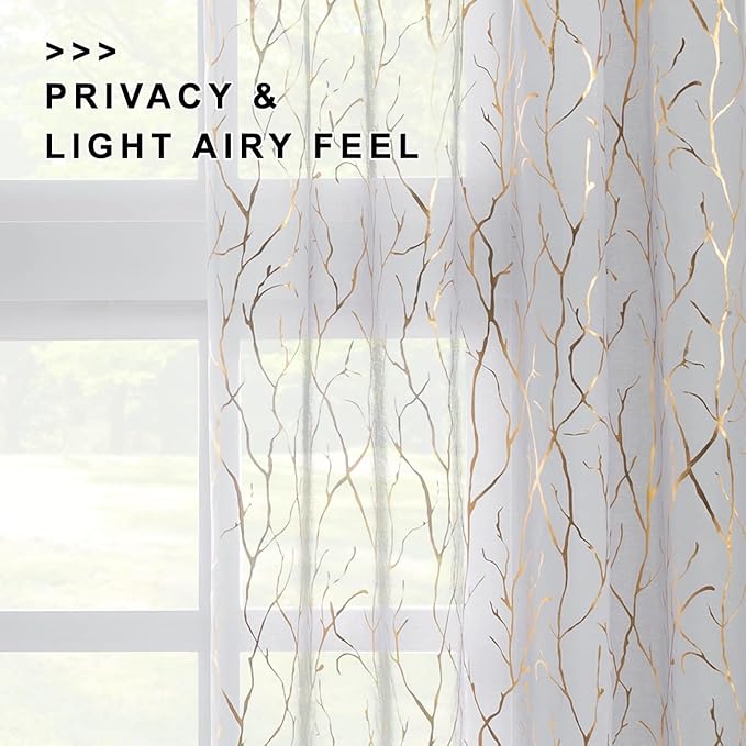 FINECITY Gold Grey Sheer Curtains 72 Inches Long 2 Panels Metallic Gold Shimmer - Image 3