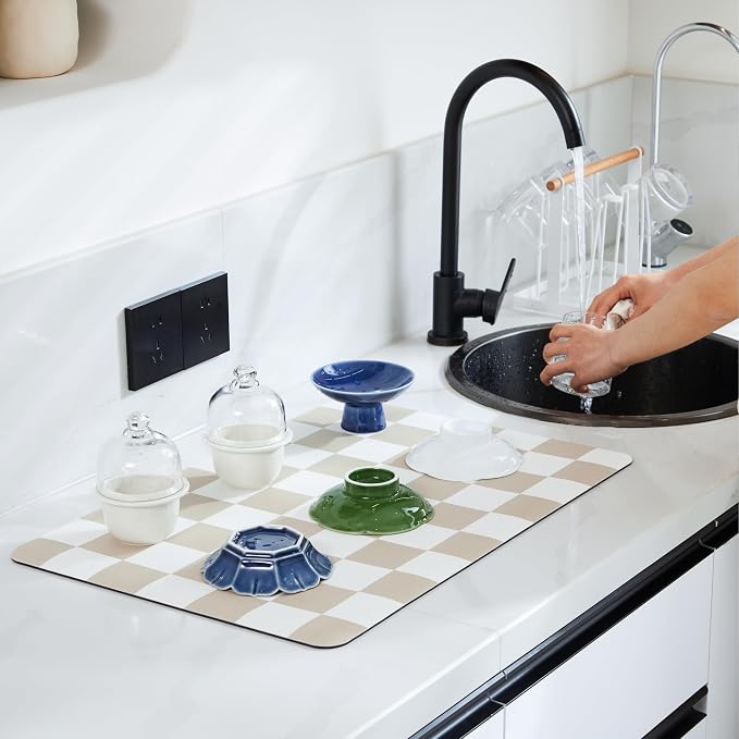 Checkered Dish Drying Mat for Kitchen Counter, Coffee Bar Station Accessories - Image 2