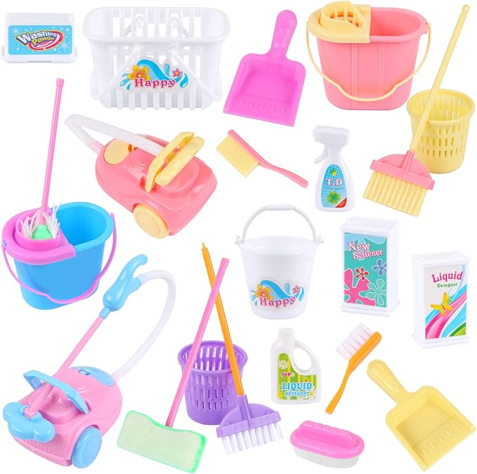 22 Pcs Miniature Dollhouse Cleaning Supplies Mini Bucket Mop Dust Pan Brush by MIKIMIQI