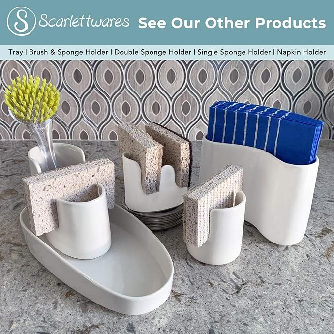 Kitchen Sink Caddy Dish Sponge Holder and Scrub Brush Dish Wand Holder Ceramic - Image 6
