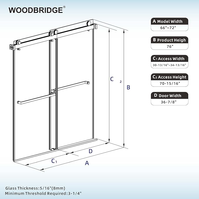 Woodbridge Frameless Tub Doors 66-72" Width x 76" Height - Image 6