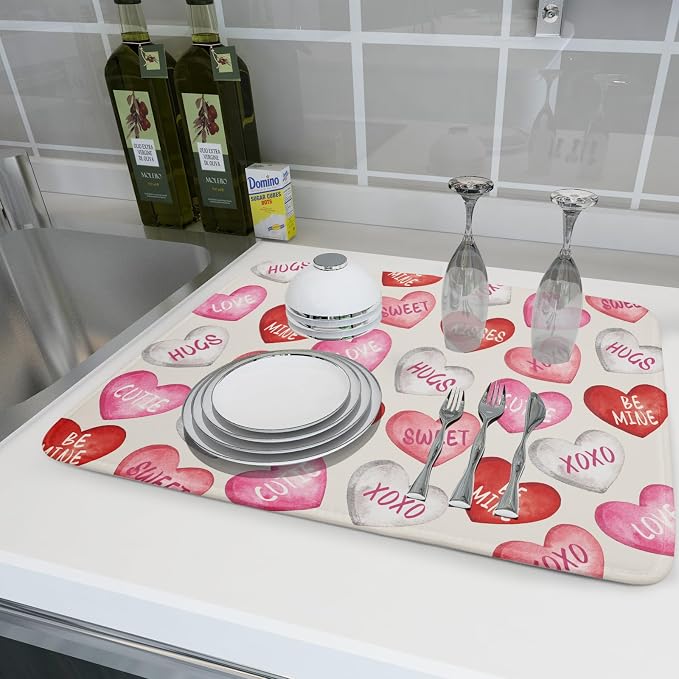 Valentines Dish Drying Mat for Kitchen Counter 18x24 Red Pink Love Heart - Image 6