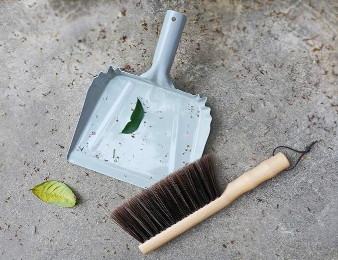 Metal Dust Pan and Brush Set Soft Bristle Wooden Broom Heavy Duty Pan Portable - Image 3