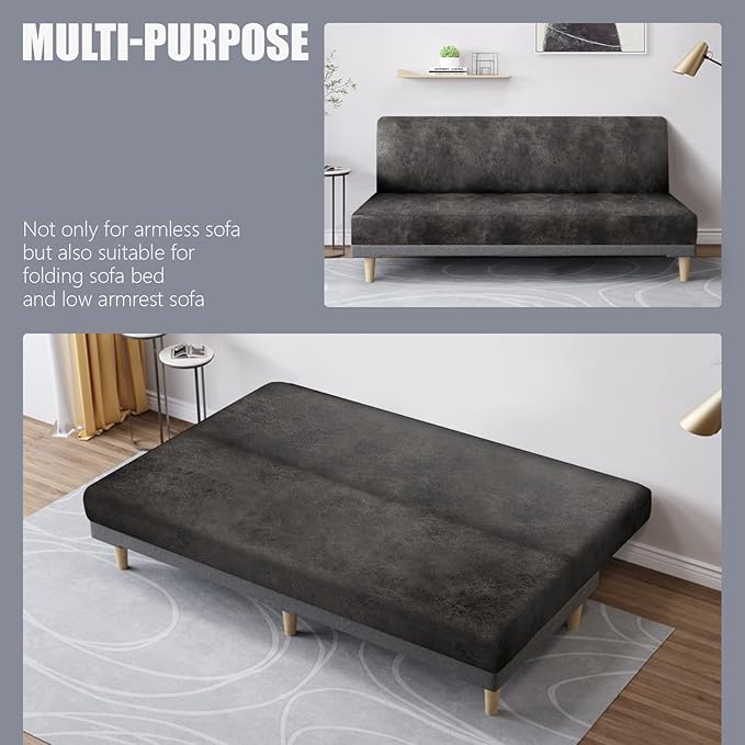 molasofa Leather Like Stretch Futon Slipcover Armless Futon Bed Sofa Cover Furniture Protector with Elastic Bottom, Soft and Washable Futon Cover for Sofa Bed Stay in Place（Medium，Khaki）