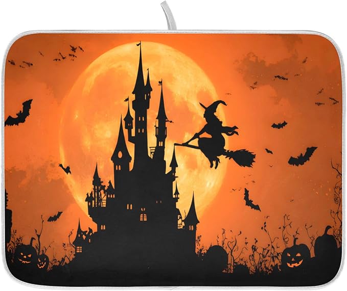 Halloween Witch Bat Castle Pumpkin Dish Drying Mat by ALAZA