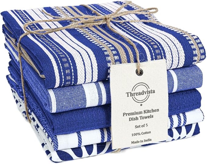 Assorted Kitchen Towels Large 16x26 Inch 100% Cotton Set of 5 by Threadvista