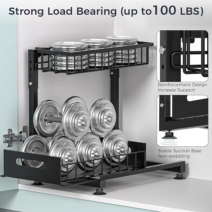 L-Shaped Under Sink Organizer, 2-Tier Pull Out Metal Kitchen Cabinet Organizer - Image 5