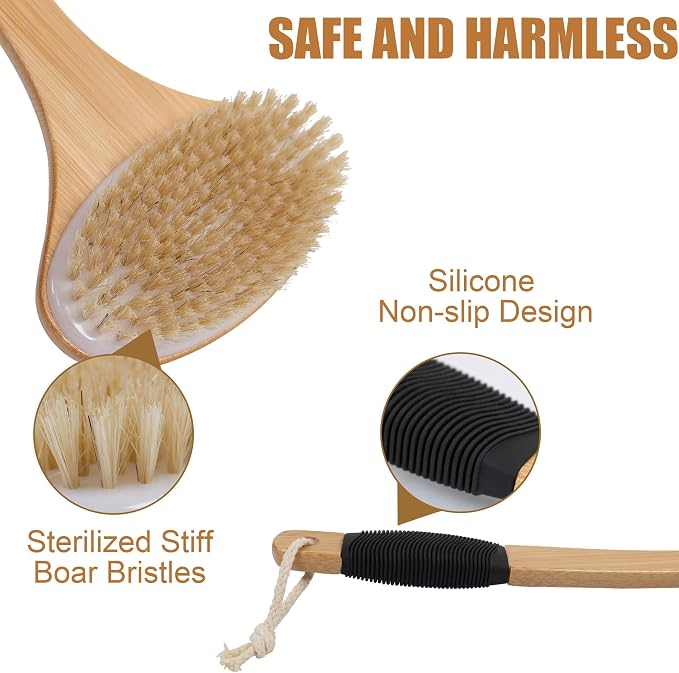 OWIIZI Back Scrub Brush for Shower, Stiff Boar Bristles Bamboo Curved Long - Image 6