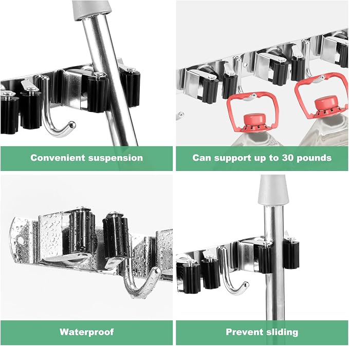 5Pcs 5 Racks 4 Hooks Stainless Steel Broom Mop Holder Anti Slip Wall Mount - Image 4
