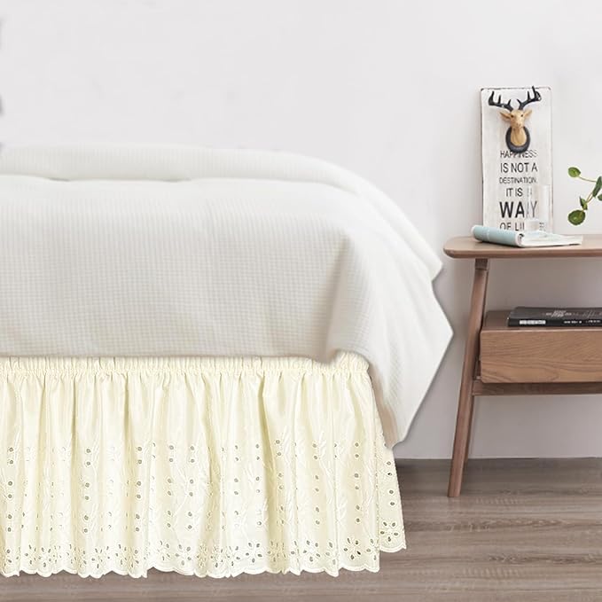 King Bed Skirt, Wrap-Around Elastic Ruffled Eyelet Bed Skirt King Size Dust Ruffle with Gathered Styling and Embroidered Details, 18" Drop Length (Light Yellow)