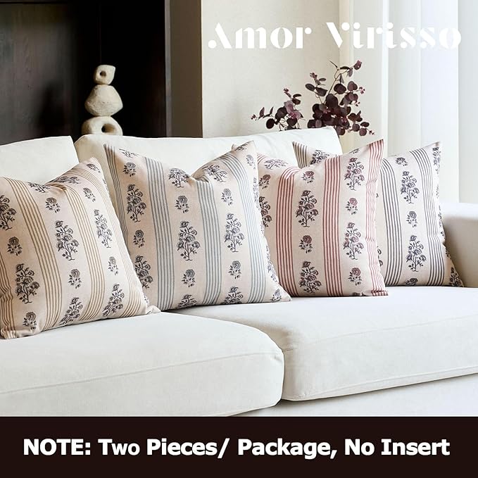 Amor Virisso Floral Throw Pillow Covers 24x24 Set of 2 Block Print Pillow Covers Neutral Floral Striped Farmhouse Decorative Pillow Covers for Sofa Couch Bed, Light Blue