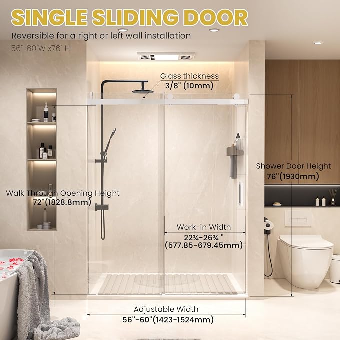 Shower Door 56–60 in W x 76 in H, 3/8" Tempered Glass Sliding Shower Door - Image 7