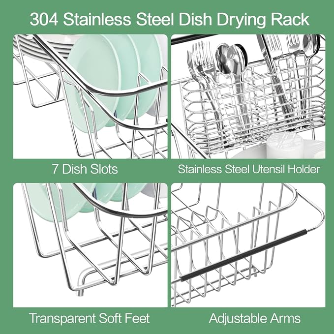Small Dish Drainer Rack in Sink Adjustable, Expandable Stainless Steel Metal - Image 7