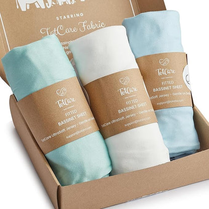 Bassinet Fitted Sheets for 4moms Mamaroo Sleep Bassinet - Fits 18 x 30 Inch Oval Bassinet Mattress - Buttery Soft, Premium Stretchy Jersey Knit Sheets - Sky + Sage + Cloud, 3 Pack
