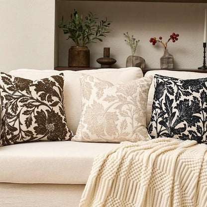 Yangest Chenille Floral Pillow Cover 18 x18 Inches, Neutral Jacquard Square Throw Pillow Cover Soft Decorative Nature Accent Couch Pillow Cover for Living Room Bedroom, Beige
