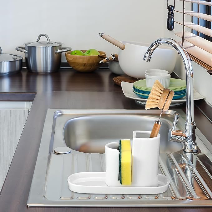 Geelin 3 in 1 Ceramic Kitchen Sink Caddy Dish Sponge Holder Scrub Brush Holder - Image 6