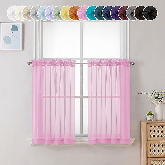 Chyhomenyc Sheer Pink Tier Curtains 24 Inch Length, Small Window Curtains by Chyhomenyc
