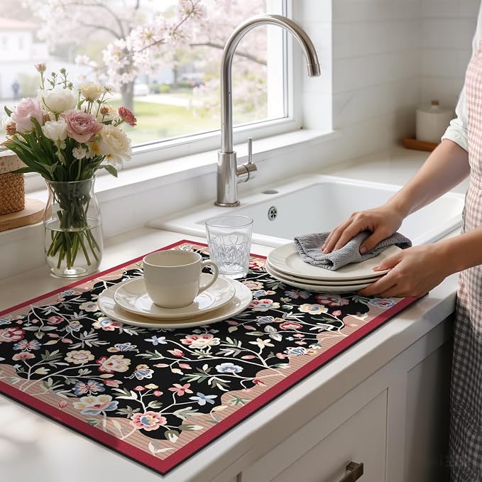 LOKHOM Floral Dish Drying Mat, Cuttable Hide Stain Drying Mat - Image 8