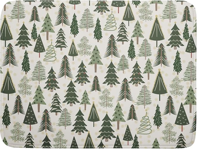 Christmas Dish Drying Mat for Kitchen Counter 18x24 Green Xmas Tree Block Print by Aytipun