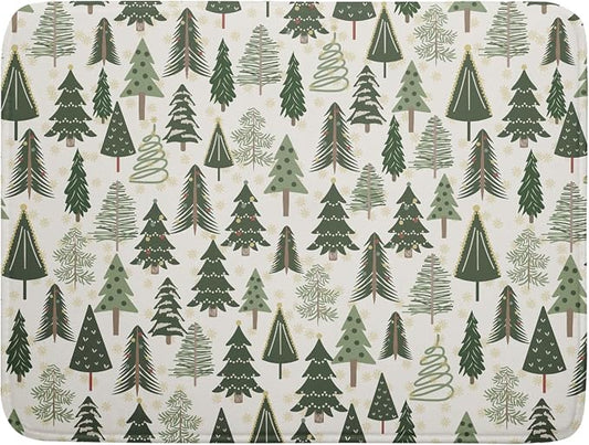 Christmas Dish Drying Mat for Kitchen Counter 18x24 Green Xmas Tree Block Print by Aytipun