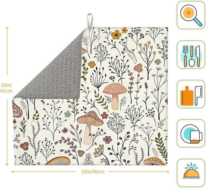 Cute Mushrooms Dish Drying Mat 16x18 inches Microfiber Absorbent Fast Dry Mat - Image 2