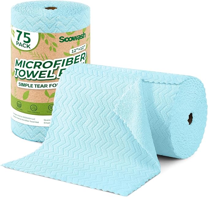 Microfiber Cleaning Cloths Roll, 75 Pack Tear Away Microfiber Towels Roll by SOOWASH