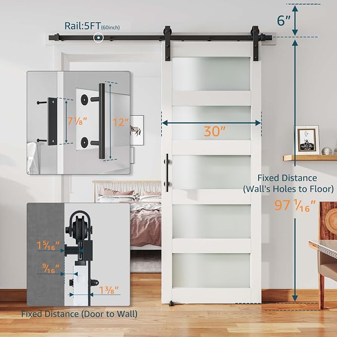 30'' x 96'' Glass Barn Door and 5 Ft Hardware Kit Included, MDF White Barn Door - Image 2