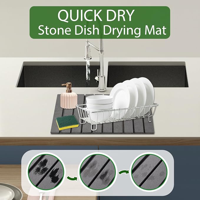 Stone Dish Drying Mat for Kitchen Counter, Large Dark Gray Foldable - Image 2