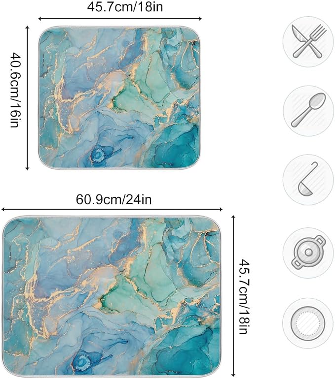 Marble Dish Drying Mat for Kitchen Counter Blue Teal Turquoise Gold Drying Mat - Image 5
