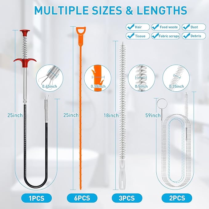 Drain Snake 12 Set: 25inch Snake Drain Hair Removal Tool, 59inch Cleaning Brush - Image 6