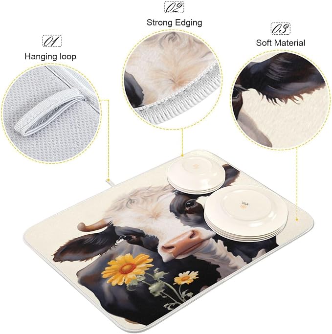 Dish Drying Mat Kitchen Counter Absorbent Flower Cow Coffee Sink Mat Dish - Image 4