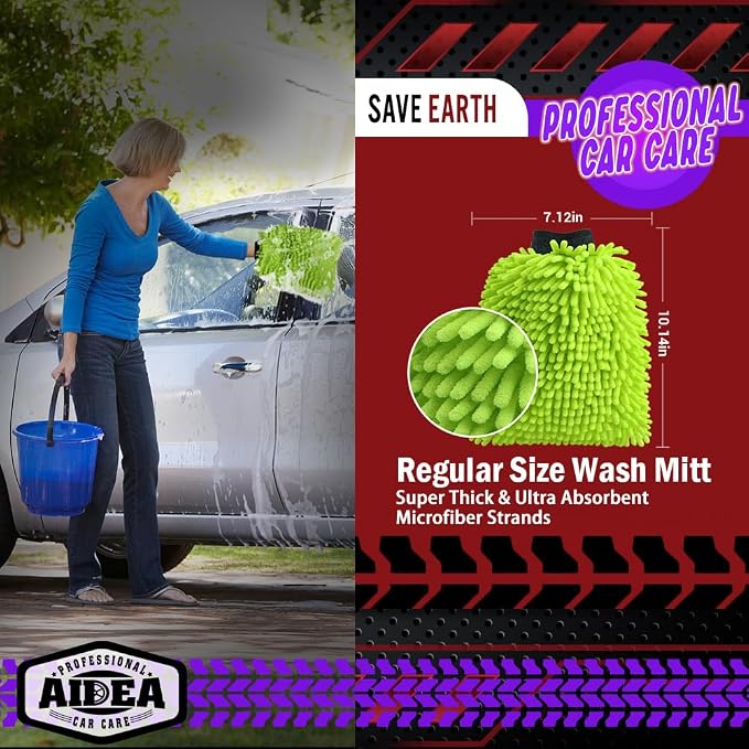 AIDEA Car Wash Mitt Microfiber, 2PK Scratch Free Lint-Free, Premium Chenille - Image 2