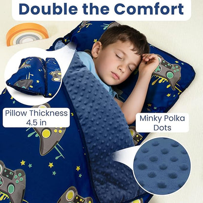 Toddler Nap Mat with Pillow and Minky Blanket, Large 55"x35" Sleeping Bag, Washable, Lightweight, Easy to Roll, Perfect for Preschool, Daycare, Kindergarten, Travel, Boys and Girls(Gamepad)