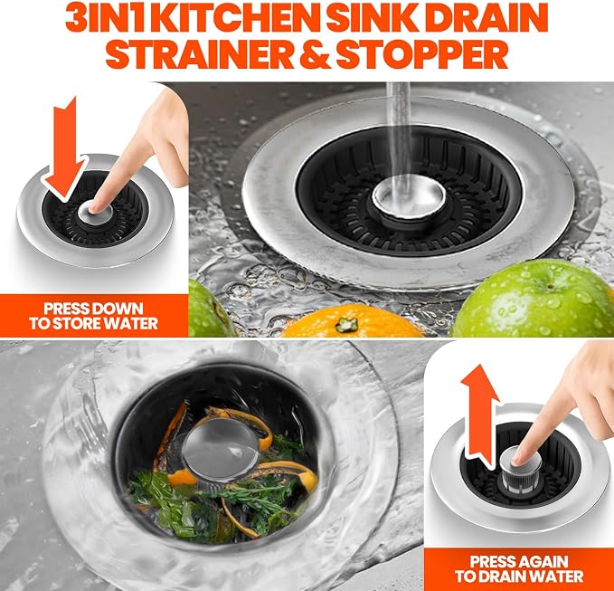 3 in 1 Kitchen Sink Drain Strainer & Sink Stopper Upgraded Stainless Steel - Image 4
