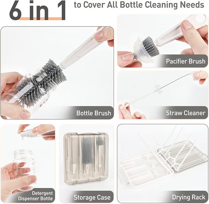 Baby Bottle Brush Set, 6-in-1 Travel Bottle Cleaning Kit - Image 4