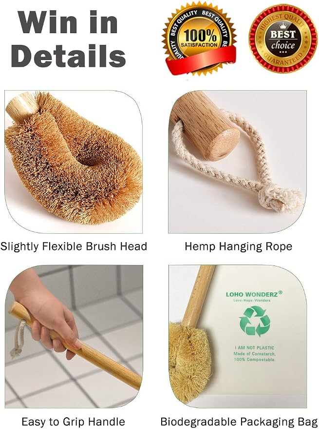 Updated Modern Version Toilet Bowl Brush, Natural Coconut Fiber Brush Head and - Image 3