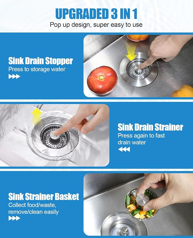 Kitchen Sink Drain Strainer, 3 in 1 All Stainless Steel Sink Strainer, Pop Up - Image 3