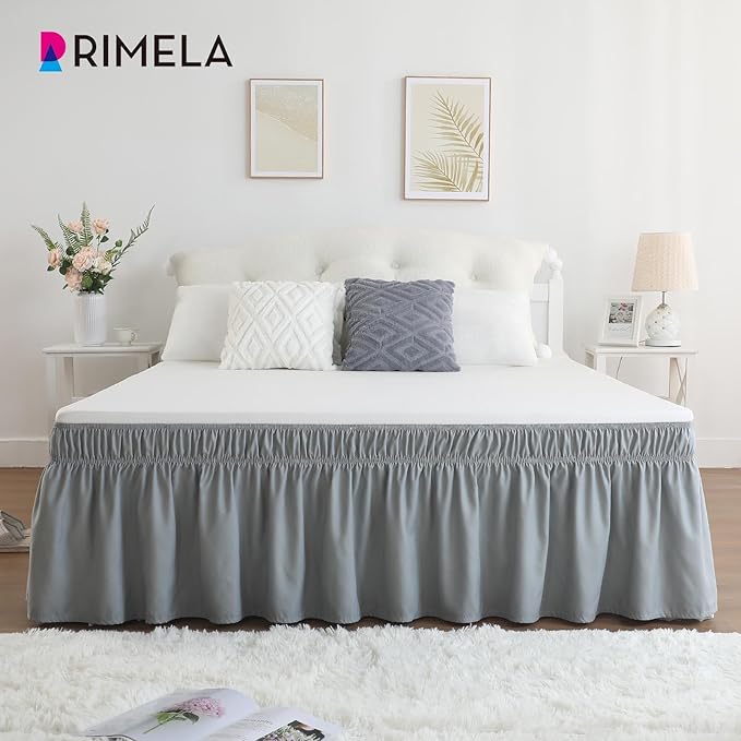 RIMELA Gray King Size Bed Skirt 15 Inch Drop, Elastic Bed Skirting Cal King, Light Grey Bedskirt for Adjustable Bed Base and Frame, Lightweight Wrap Around Dust Ruffle