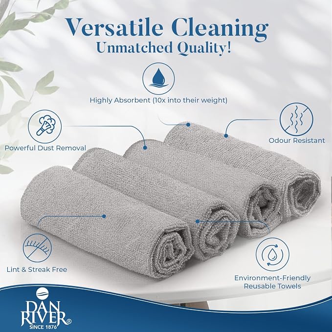 DAN RIVER 12-Pack Gray Microfiber Towels – Ultra Absorbent, Lint-Free & - Image 3