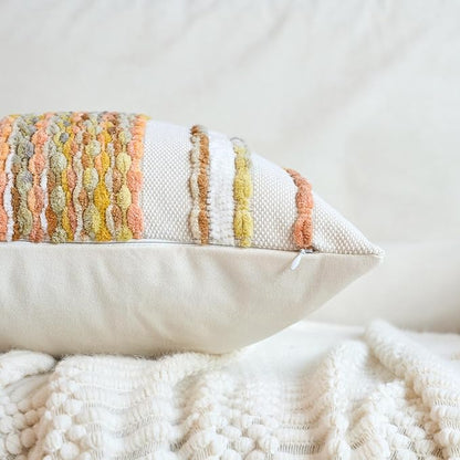Aeckself Boho Pillow Covers 18x18 Inch Set of 2, Farmhouse Decorative Striped Square Chenille Tufted Accent Neutral Throw Pillow Covers for Living Room Couch Bed, Light Yellow